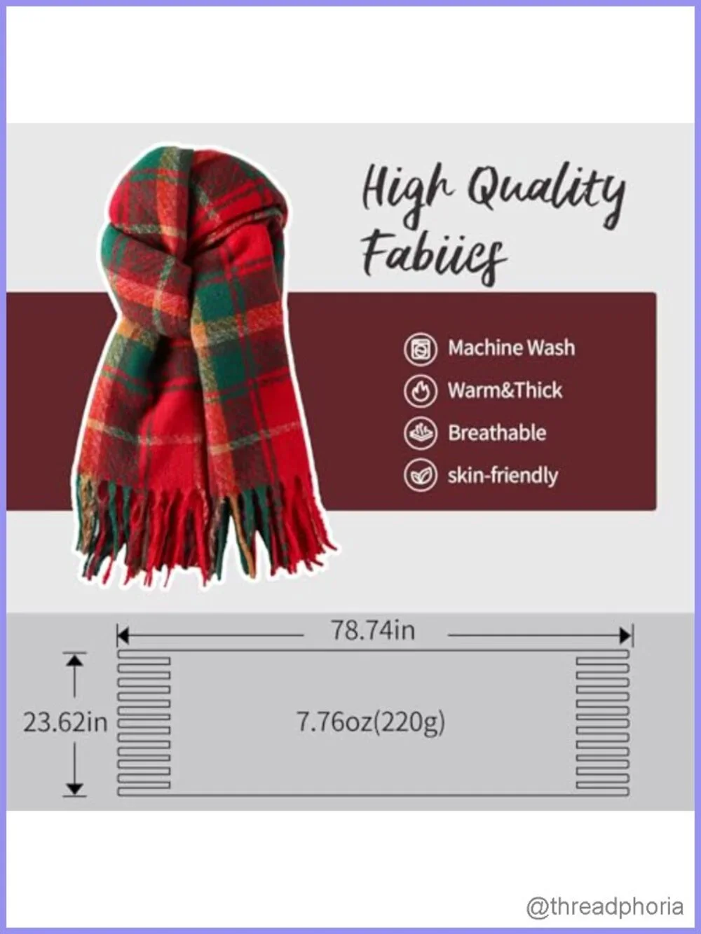 Women's Long Plaid Blanket Scarf, Cashmere-Like Acrylic, Warm Winter Wrap Shawl